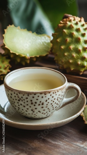Fresh Soursop Tea in Dotted Ceramic Cup with Soursop Fruit