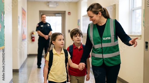 A female volunteer in a green vest guides two young students down a school hallway, with a security guard in the background.