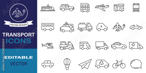 Transport line icon set collection. Set of 24 icons related to trucks, buses, trains, platforms, travel services, cars, bicycles, and more. Editable vector illustration.