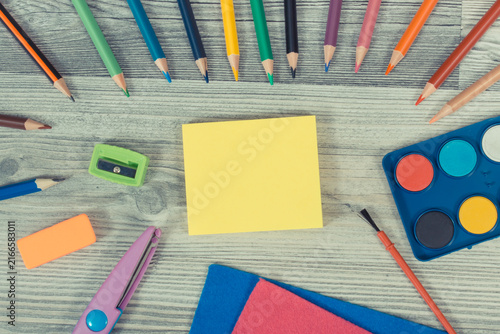 Stationery accessories and other school supplies for learning at school or preschool. Development of creativity, kids motor skills