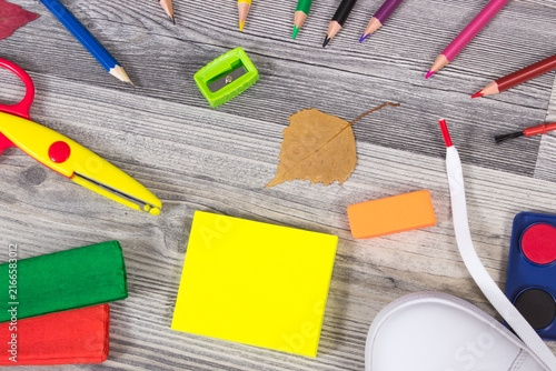 Stationery accessories and other supplies used at school. Back to school. Development of creativity, kids motor skills