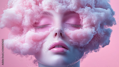 Abstract Dreamy Female Portrait with Soft Pink Clouds