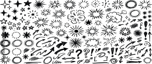 Hand drawn doodle element set with scribble arrows stars hearts speech bubbles lightning bolts crowns and abstract lines vector illustration