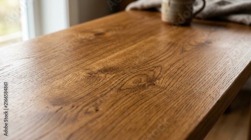 Natural Wood Tabletop Texture with Rustic Mug and Cloth
