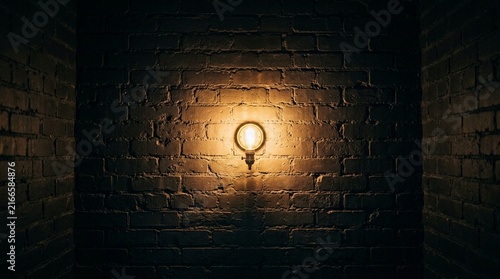 Retro bulb light illuminating dark brick wall, vintage interior design concept