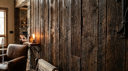 Rustic Reclaimed Wood Wall Interior with Leather Armchair and Lamp