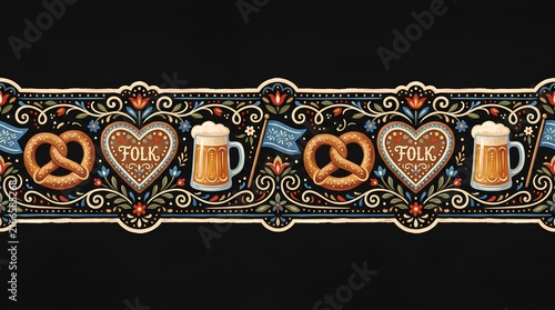 Bavarian folk art border with pretzels gingerbread hearts and beer mugs on black background