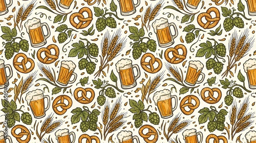 Oktoberfest pattern with beer, pretzels, and wheat stalks.