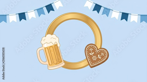Oktoberfest festive frame with beer mug, gingerbread heart, and bunting.