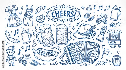 Oktoberfest doodle collection with accordion, beer, and food.