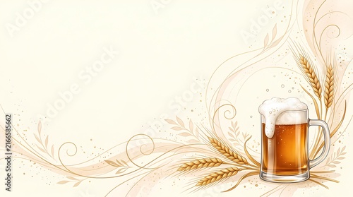Beer glass with wheat ears on cream background.