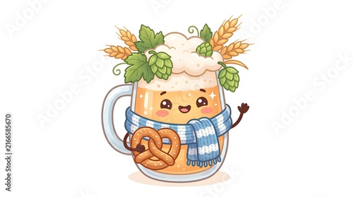 Cute cartoon beer character with hops, wheat, and pretzel.