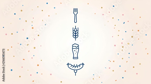 Minimalist vertical food icons with fork, wheat, beer, and sausage.