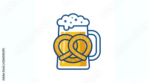 Flat icon of beer mug with pretzel on white background.