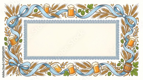 Oktoberfest frame with beer mugs, wheat, and blue ribbons.