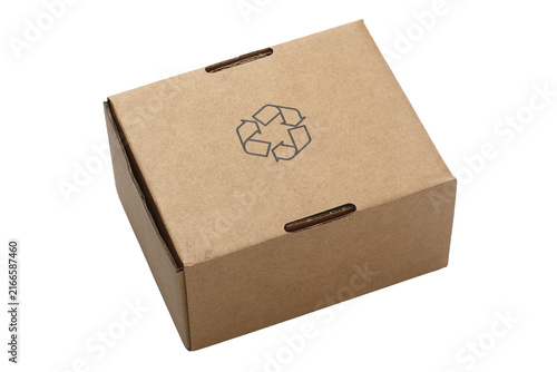 Recyclable Brown Cardboard Packaging Box with Recycling Symbol Isolated on White Background