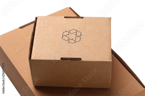 Stack of Recyclable Brown Cardboard Shipping Boxes with Recycling Symbol