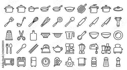 Fotografía Kitchen Editable Line Icon Set with Pots, Pans, Cooking Utensils, Cutlery, Cookw