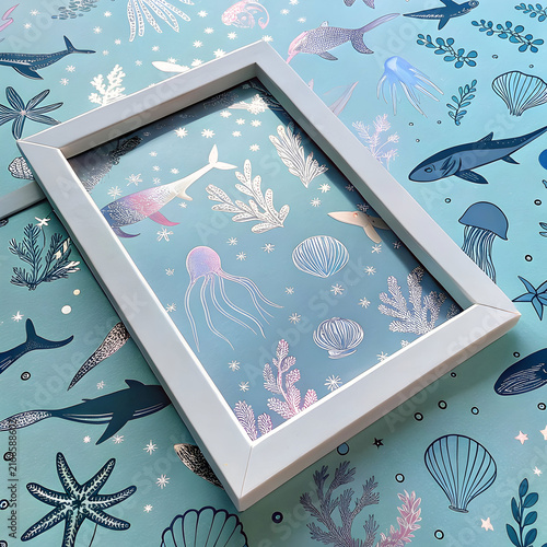 rectangle frame on a holographic marine animal pat