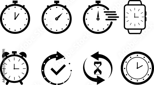 Flat icon set of time and clock symbols featuring stopwatch, alarm, smartwatch and countdown concepts for scheduling design