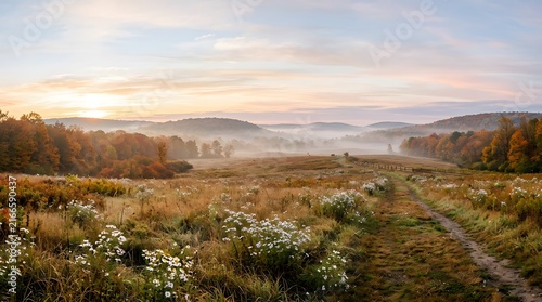 A beautiful panoramic view of a misty autumn valley at sunrise with golden light over the landscape
