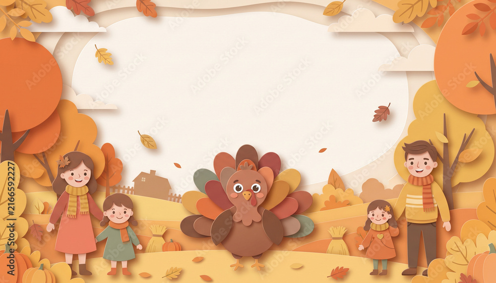 Fototapeta premium Charming Thanksgiving paper-cut cartoon with a friendly turkey, happy harvest family, pumpkins, autumn trees, golden leaves, and a spacious cream center reserved for personal text.