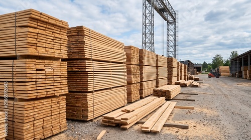 Large piles of fresh cut lumber and wooden planks stored in an outdoor industrial sawmill