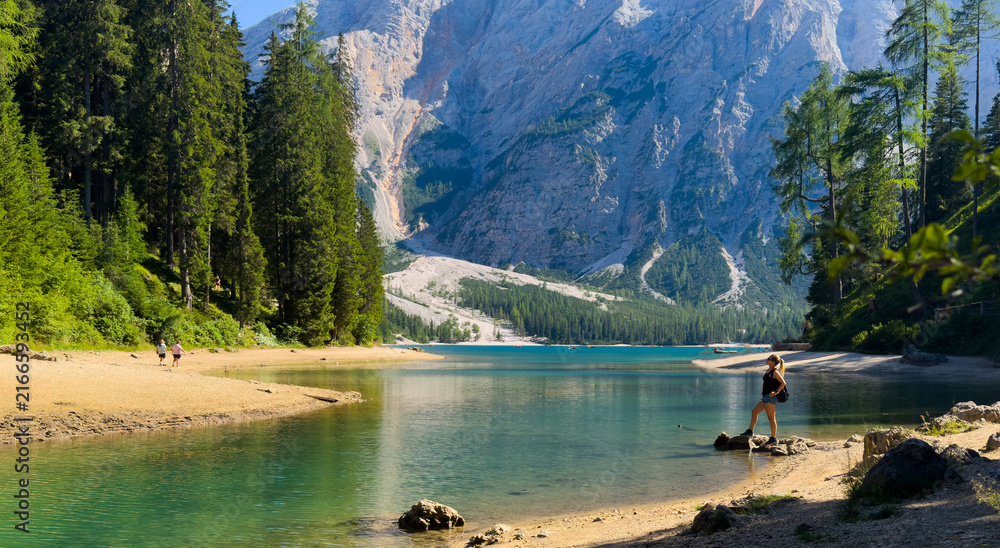 Fototapeta premium Mountain lake landscape scene, Lago di Braies, Dolomites Alps