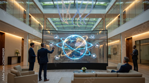 Businessmen Analyzing Global Data on Digital Screen