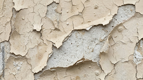 Old beige paint peeling off a rough concrete wall texture