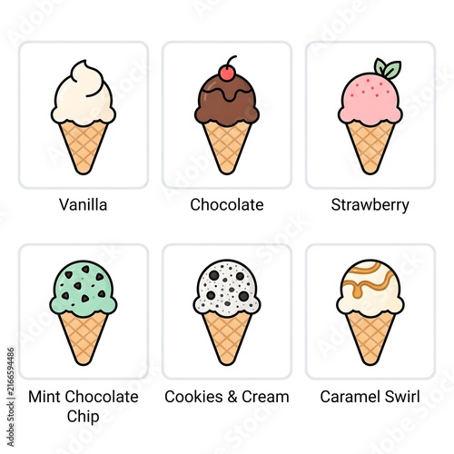 Six ice cream cone icons in two rows, labeled Vanilla, Chocolate, Strawberry, Mint Chocolate Chip, Cookies & Cream, and Caramel Swirl.