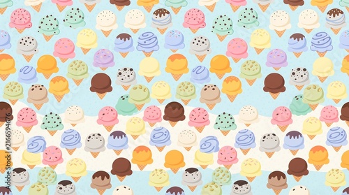 A repeating cartoon pattern of colorful ice cream cones with sprinkles and nuts on a light blue and beige gradient background, full of sweet fun.