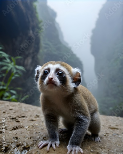 A glimmer blue young baby pygmy slow loris in a canyon floor