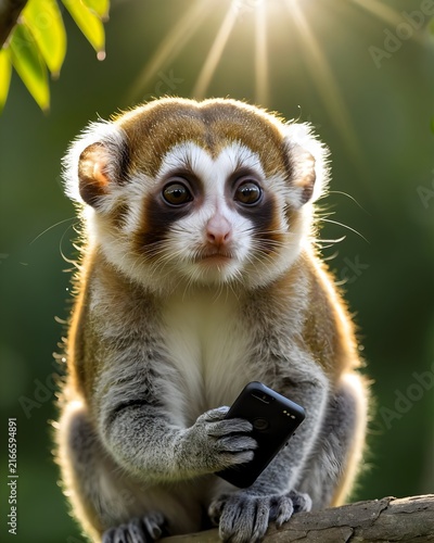 A pygmy slow loris in a spring grove texting.