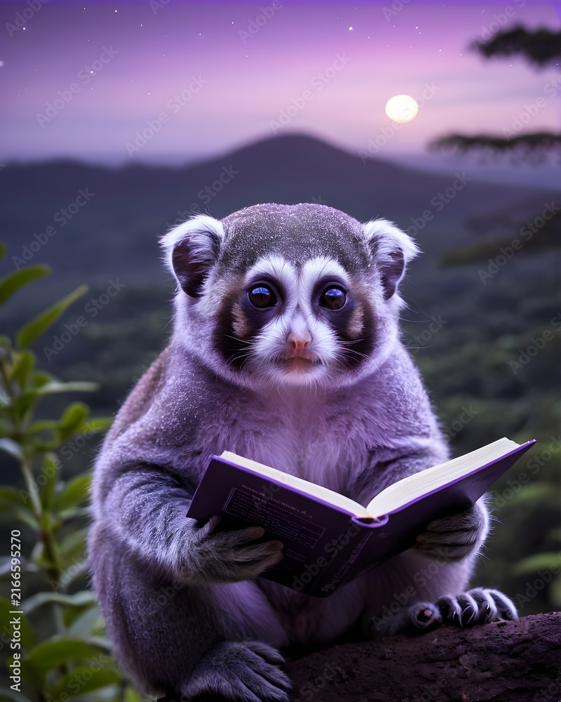 Naklejka premium A purple pygmy slow loris in a galactic dawn plateau reading a book.