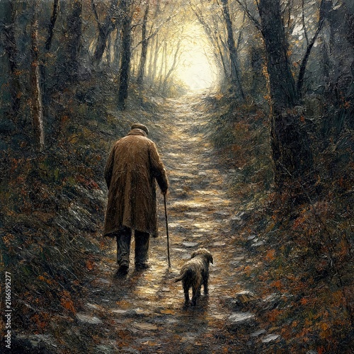 An elderly man walks uphill with his dog along a dark forest path lined with trees, leading toward a bright clearing ahead  