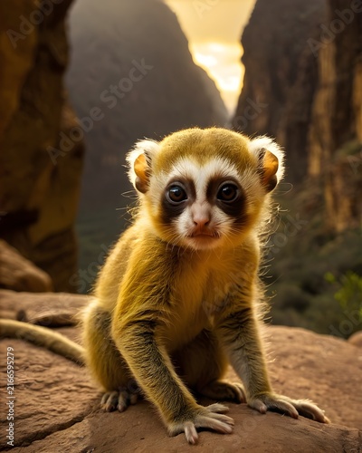 A glow yellow baby pygmy slow loris in an ancient canyon
