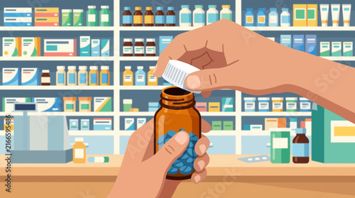 Person opening a medicine bottle filled with blue pills in a pharmacy aisle