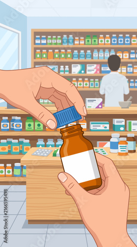 Customer holding medicine bottle in pharmacy with shelves of drugs and pharmacist in background