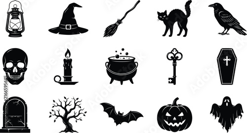 Set of black silhouette icons for halloween featuring spooky symbols like skulls pumpkins bats and witch accessories