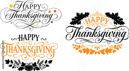 Set of three elegant happy thanksgiving hand lettered typography designs with decorative autumn leaves and seasonal elements