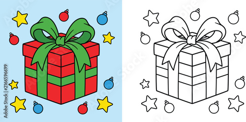 Christmas gift box coloring book page vector illustration with colored sample and outline template for kids holiday activity