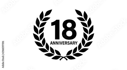 Black and white eighteenth anniversary celebration emblem with laurel wreath icon.