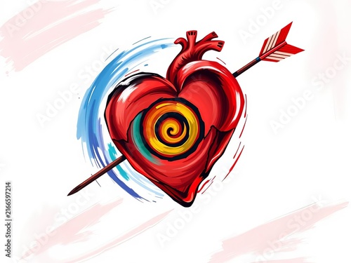 Stylized anatomical heart pierced by arrow with spiral target