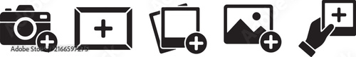 Photo Add and Upload Icon Set Black Solid Vector for Gallery Interface