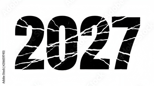Bold Black 2027 New Year Numerals Hanging from Decorative Strings on White Background