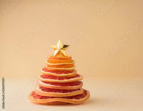 Charming and unique festive Christmas tree is artfully crafted from various dried orange and grapefruit citrus fruit slices, elegantly topped with a shining golden star