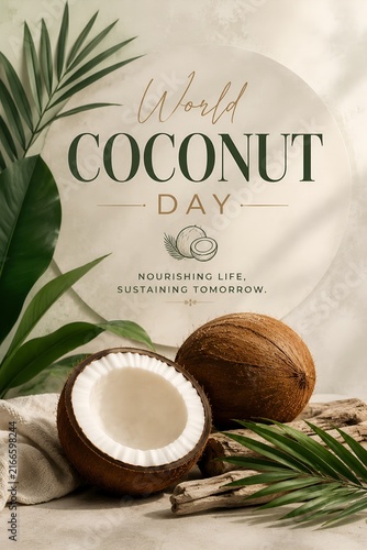 World coconut day poster featuring fresh tropical coconuts arranged elegantly on a rustic wooden surface with lush green palm leaves