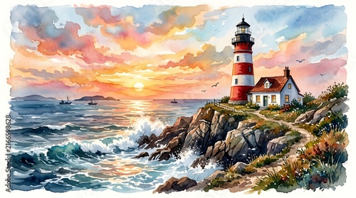 Colorful Lighthouse on Rocky Coast at Sunset with Ocean Waves and Dramatic Sky
