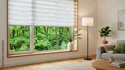 Living room with white zebra roller blinds revealing a vibrant green forest, with a ceramic vase and modern floor lamp with crisp detail.